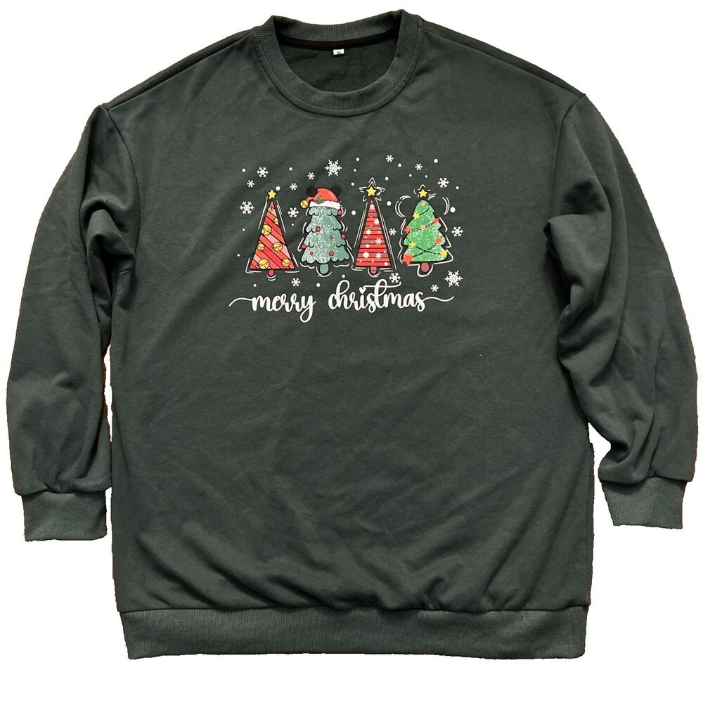 Merry Christmas Sweater Graphic Crewneck Sweatshirt Green Mens M Vintage Style